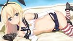  anchor beach black_panties blonde_hair blue_eyes blush bow breasts crop_top day elbow_gloves gloves hair_bow highleg highleg_panties kantai_collection kunisaki_kei long_hair lying microskirt midriff no_bra on_side outdoors panties red_legwear school_uniform serafuku shimakaze_(kantai_collection) shiny shiny_skin shore skirt small_breasts solo striped striped_legwear thighhighs torn_clothes underboob underwear white_legwear 