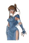  allison_chan alternate_costume armlet avatar_(series) banned_artist blue_dress blue_eyes breasts brown_hair capelet dark_skin dress elbow_gloves fingerless_gloves gloves hair_tubes korra long_hair medium_breasts ponytail side_slit sketch sleeveless slender_waist solo the_legend_of_korra topknot 