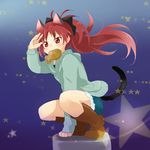  animal_ears bow casual cat_ears cat_tail denim denim_shorts food hair_bow hood hoodie kemonomimi_mode long_hair mahou_shoujo_madoka_magica mochizuki_yomogi ponytail red_eyes red_hair sakura_kyouko shorts solo squatting tail taiyaki wagashi 