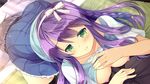  1girl 69 blush braid braids breasts daikou_wakako game_cg green_eyes headband koi_saku_miyako_ni_ai_no_yakusoku_wo_~annaffiare~ long_hair natsume_eri nipples purple_hair skirt 