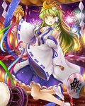  af-henrytz blush breasts detached_sleeves fan fireworks frog_hair_ornament gohei green_hair hair_ornament hair_tubes highres instrument kochiya_sanae lantern long_hair medium_breasts open_mouth paper_lantern skirt smile snake_hair_ornament socks solo taiko_drum torii touhou white_legwear wide_sleeves 