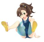  bad_id bad_pixiv_id ball brown_hair chousoku_henkei_gyrozetter cool_(am2) green_eyes hair_ornament inaba_rinne long_hair sandals school_swimsuit side_ponytail spread_legs swimsuit transparent 