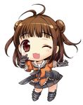  ;3 ;d antenna_hair bangs blunt_bangs brown_eyes brown_hair cannon chibi double_bun elbow_gloves gloves kantai_collection lowres naka_(kantai_collection) one_eye_closed open_mouth pleated_skirt rei_(rei's_room) sailor_collar short_hair skirt smile solo 