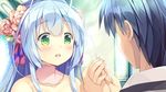  1girl blue_hair blush dress game_cg green_eyes koba_kazuomi koi_saku_miyako_ni_ai_no_yakusoku_wo_~annaffiare~ long_hair natsume_eri winifred_d_land 