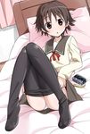  :o bed black_legwear blush brown_eyes brown_hair camera curtains dutch_angle full_body highres legs long_legs long_sleeves looking_at_viewer lying mousou_(mousou_temporary) no_shoes on_back on_bed open_mouth panties pantyhose pantyhose_pull pillow ribbon rollei_35 sawatari_fuu school_uniform short_hair solo tamayura thighs underwear undressing white_panties 