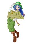  blue_eyes blue_hair boots full_body hat highres jewelry knee_boots leaning_back long_hair low-tied_long_hair monocle necklace original pants phiased_pescar shawl smile solo teitoku telescope the_last_comer touhou transparent_background 