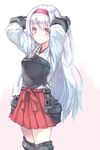  arms_up blush cowboy_shot hairband highres hiten_(hitenkei) japanese_clothes kantai_collection long_hair looking_at_viewer muneate shoukaku_(kantai_collection) silver_hair skirt smile solo thighhighs zettai_ryouiki 