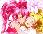  ^_^ blonde_hair blush bow choker closed_eyes cure_melody cure_rhythm earrings hairband happy heart houjou_hibiki jewelry kagami_chihiro long_hair magical_girl minamino_kanade multiple_girls open_mouth pink_bow pink_hair ponytail precure smile suite_precure twintails white_choker 
