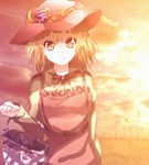  aki_minoriko bag blonde_hair blurry dress food fruit grapes hat kotaroukuroo orange_eyes smile solo sunset touhou 