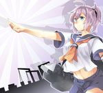  ahoge aoba_(kantai_collection) arm_up asagi-so bad_id bad_pixiv_id black_scrunchie blue_eyes crop_top crop_top_overhang kantai_collection midriff navel outstretched_arm purple_hair sailor_collar salute scrunchie short_hair short_ponytail shorts solo straight-arm_salute sunburst 