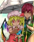  :&lt; absurdres blonde_hair braid bug butterfly flandre_scarlet flower hat hat_ribbon highres holding holding_umbrella hong_meiling insect jonathan_h lily_(flower) multiple_girls outstretched_hand parasol red_eyes red_hair ribbon shared_umbrella side_braid signature touhou umbrella wings 
