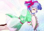  bad_id bad_pixiv_id blue_hair bouquet bow dutch_angle elfin_mint flower hairband kanenoya looking_back original pink_bow pointy_ears red_eyes short_hair skirt smile solo the_last_comer touhou wings 