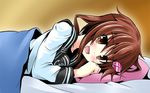  :d afterglow anchor_symbol blanket blush brown_eyes brown_hair fang hair_between_eyes hair_ornament hairclip ichimi ikazuchi_(kantai_collection) kantai_collection long_sleeves looking_at_viewer lying neckerchief on_bed on_side open_mouth pillow sailor_collar school_uniform serafuku short_hair smile solo 