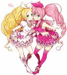  blonde_hair blue_eyes blush boots bow brooch choker cure_melody cure_rhythm dress frills green_eyes hands_on_hips heart houjou_hibiki jewelry locked_arms long_hair magical_girl minamino_kanade minatsuki_randoseru multiple_girls pink_bow pink_choker pink_hair ponytail precure simple_background smile standing suite_precure thighhighs twintails white_background white_choker 