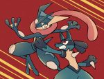  animal_ears arm_up arms_up clenched_teeth cowboy_shot creatures_(company) eye_contact fight furry game_freak gen_4_pokemon gen_6_pokemon greninja hand_up jumping long_tongue looking_at_another looking_up lucario nintendo no_humans outstretched_arm pokemon pokemon_(creature) red_background red_eyes shiwo_(siwosi) simple_background standing tail teeth tongue tongue_out two-tone_background wolf_ears 