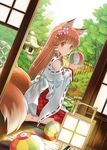  animal_ears ball barefoot brown_eyes brown_hair fox_ears fox_tail hair_ornament hair_tubes hairclip hakama japanese_clothes long_hair miko original red_hakama ribbon-trimmed_clothes ribbon-trimmed_sleeves ribbon_trim riolabo sitting smile solo tail tree 