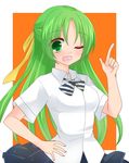  ;d collared_shirt green_eyes green_hair hair_ribbon hakua_(elmab) hand_on_hip higurashi_no_naku_koro_ni index_finger_raised one_eye_closed open_mouth pleated_skirt ribbon shirt skirt smile sonozaki_shion 