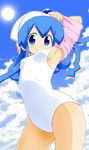  armpit armpits blue_eyes blue_hair bracelet breasts cloud clouds highres ikamusume jewelry looking_at_viewer sat-c shinryaku!_ikamusume sideboob sky small_breasts smile solo sun swimsuit undressing white_swimsuit 