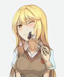  1girl blonde_hair blush breasts chopsticks feeding long_hair medium_breasts mushroom pov_feeding school_uniform shokuhou_misaki short_sleeves solo sweater_vest symbol-shaped_pupils to_aru_kagaku_no_railgun to_aru_majutsu_no_index walzrj yellow_eyes 