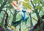  antlers blue_eyes forest gen_6_pokemon glowing highres leaf legendary_pokemon nature no_humans official_art oomura_yuusuke pokemon pokemon_(creature) solo sun symbol-shaped_pupils tail tree xerneas 