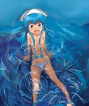  artist_request blue_eyes blue_hair ikamusume kikiki_(hiya_mikan) long_hair ocean panties partially_submerged shinryaku!_ikamusume sitting small_breasts smile solo sweat underwear water 
