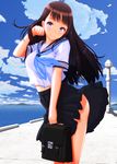  brown_hair crop_top crop_top_overhang long_hair looking_at_viewer midriff nanahime original purple_eyes school_uniform skirt skirt_lift smile solo wind wind_lift 