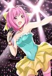  antenna_hair armpits bare_shoulders blush bow covered_navel hair_bow kami_nomi_zo_shiru_sekai looking_away microphone nakagawa_kanon open_mouth pink_eyes pink_hair short_hair spotlight sweat thighhighs tsukasa_0913 