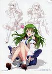  absurdres an2a blush breasts detached_sleeves frilled_skirt frills frog_hair_ornament green_eyes green_hair hair_ornament hair_tubes highres kochiya_sanae large_breasts long_hair long_skirt long_sleeves looking_at_viewer multiple_persona open_mouth scan shirt shoes sitting sketch skirt snake_hair_ornament socks star touhou upskirt white_legwear 