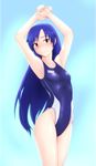  armpits arms_up blue_hair brown_eyes competition_swimsuit highleg highleg_swimsuit idolmaster idolmaster_(classic) kisaragi_chihaya long_hair one-piece_swimsuit swimsuit tengu_(tetuo_kun) 