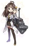  ahoge black_eyes black_legwear boots brown_hair cannon gengorou hair_bun hakama_skirt headgear high_heels japanese_clothes kantai_collection kongou_(kantai_collection) long_hair nontraditional_miko ribbon-trimmed_sleeves ribbon_trim solo thigh_boots thighhighs turret zettai_ryouiki 