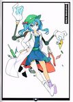  blue_eyes blue_hair character_name coat dress hair_bobbles hair_ornament hands_in_pockets hat highres ideolo kawashiro_nitori key looking_at_viewer mechanical_arm scan screw screwdriver short_hair smile socks solo tools touhou two_side_up white_background 
