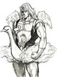  bird bud_(korovsme) graphite_(medium) greyscale jojo_no_kimyou_na_bouken leotard long_hair male_focus monochrome parody solo swan traditional_media vanilla_ice 