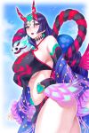  1girl bangs bare_shoulders blush breasts chinese_clothes cosplay curvy dudou fate/grand_order fate_(series) fundoshi headpiece highres huge_breasts japanese_clothes long_hair minamoto_no_raikou_(fate/grand_order) mogudan oni_horns parted_bangs purple_eyes purple_hair revealing_clothes shuten_douji_(halloween_caster)_(fate) shuten_douji_(halloween_caster)_(fate)_(cosplay) very_long_hair 