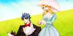  1girl blonde_hair blue_hair bow bowtie couple danny_(jojo) dog dress erina_pendleton formal great_dane hetero jojo_no_kimyou_na_bouken jonathan_joestar long_hair phantom_blood saru-kichi suit tuxedo umbrella 