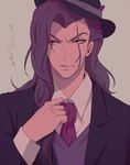  aju222 formal hat jojo_no_kimyou_na_bouken long_hair male_focus necktie otoishi_akira purple_hair scar solo suit 