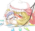  bat_wings blonde_hair blue_hair character_doll closed_eyes flandre_scarlet harusame_(unmei_no_ikasumi) hat open_mouth red_eyes remilia_scarlet short_hair smile solo touhou wings 