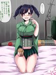  blue_eyes blue_hair blush breasts check_translation gloves kantai_collection kuon_yashiro large_breasts on_bed open_mouth partly_fingerless_gloves seiza single_glove sitting sitting_on_bed skirt smile solo souryuu_(kantai_collection) translation_request twintails yes yes-no_pillow yugake 