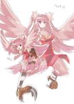  breasts character_name chibi dress dual_persona feathered_wings feathers fion_(naso4) hair_feathers harpy long_hair medium_breasts monster_girl naso4 no_arms original pink_eyes pink_hair talons translated two_side_up wings 