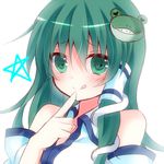  :q bad_id bad_pixiv_id bare_shoulders blush detached_sleeves finger_to_mouth frog_hair_ornament green_eyes green_hair hair_ornament hair_tubes kochiya_sanae mogu_(au1127) solo standing tongue tongue_out touhou 