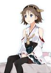  bad_id bad_pixiv_id bare_shoulders black_legwear blue_eyes blush boots brown_hair detached_sleeves hairband hiei_(kantai_collection) japanese_clothes kantai_collection pantyhose ribbon-trimmed_sleeves ribbon_trim short_hair sitting skirt soburi solo 