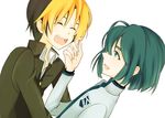  ^_^ black_hair blonde_hair closed_eyes ginnouroko green_eyes green_hair hikaru_no_go long_sleeves multicolored_hair multiple_boys school_uniform shindou_hikaru short_hair smile touya_akira 