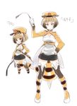 :&lt; antennae bee_girl black_hair bob_cut breasts character_name chibi cleavage dual_persona gloves hand_on_hip hat insect_girl jacket medium_breasts miniskirt monster_girl naso4 orange_eyes original riding_crop short_hair skirt striped thighhighs translated white_gloves 