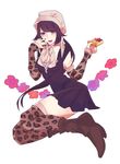  animal_print black_hair boots detached_sleeves dress food guriko_(hinotani) hood jojo_no_kimyou_na_bouken leopard_print long_hair nail_polish pie purple_eyes short_dress solo steel_ball_run sugar_mountain thighhighs 