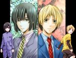  :d bad_id bad_pixiv_id black_hair blonde_hair dual_persona formal green_eyes green_hair hikaru_no_go long_sleeves multicolored_hair multiple_boys necktie open_mouth projected_inset sagari24 school_uniform shindou_hikaru short_hair shorts smile striped suit touya_akira 