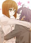  2girls arms_around_neck arms_around_waist blush brown_eyes brown_hair couple gogono_pan&#039;ya gogono_pan'ya hug jacket love multiple_girls open_mouth original purple_eyes purple_hair smile yuri 