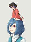  blue_eyes blue_hair bowl heterochromia kitano_(kitanosnowwhite) looking_down looking_up minigirl multiple_girls needle on_head open_mouth person_on_head red_eyes short_hair smile sukuna_shinmyoumaru tatara_kogasa touhou 