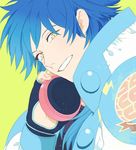  blue_hair cibodd dramatical_murder fingerless_gloves gloves green_background headphones long_hair looking_at_viewer male_focus portrait seragaki_aoba smile solo yellow_eyes 