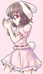  absurdres animal_ears black_hair blush_stickers bunny_ears bunny_tail hands_clasped highres inaba_tewi interlocked_fingers looking_at_viewer miniskirt outline own_hands_together parted_lips pink_background puffy_short_sleeves puffy_sleeves red_eyes short_hair short_sleeves sideways_glance simple_background skirt skirt_set solo tail tanakara touhou 