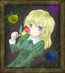  blonde_hair blue_eyes blue_flower blue_rose dress flower ib long_hair mary_(ib) picture_frame plant red_flower red_rose rose solo sorara vines yellow_flower yellow_rose 