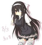  arm_behind_back bandage_over_one_eye bandages black_hair blush bow breasts chabaneko dated hair_bow leaning_forward long_hair looking_at_viewer medium_breasts original red_eyes shadow simple_background skirt solo thighhighs white_background 